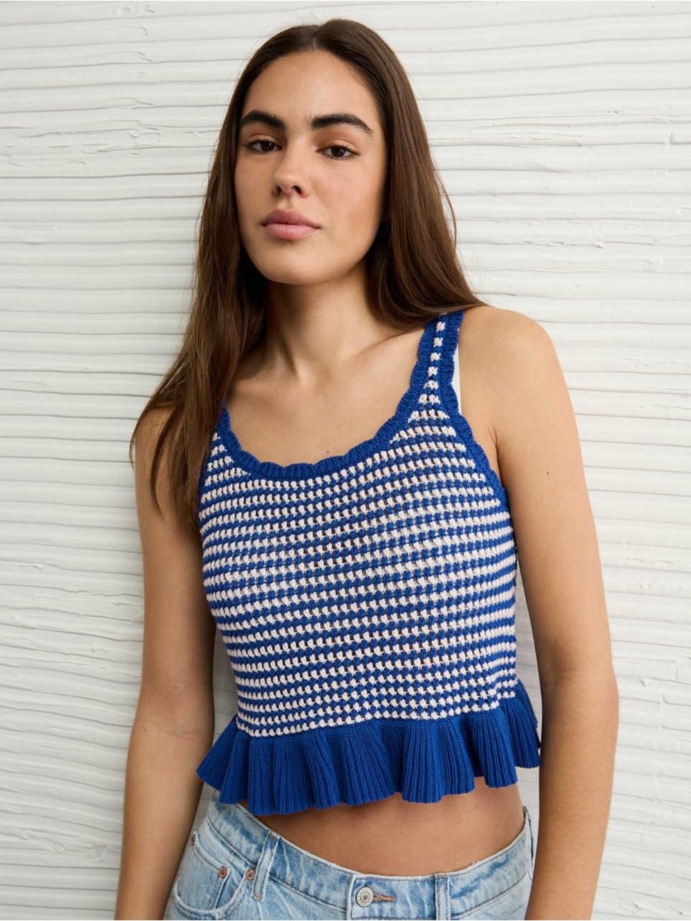 American Eagle Outfitters Blue & White Crochet Peplum Crop Tank